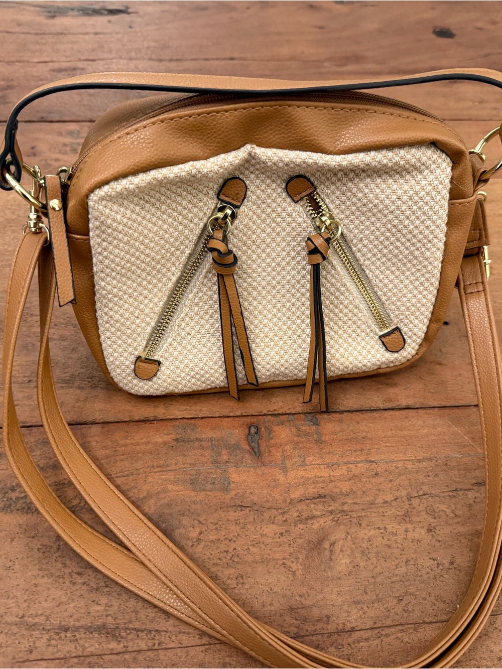 Tan & Cream Crossbody Bag with Front Zip Details